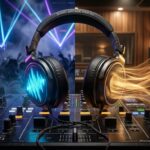 אוזניות DJ מקצועיות מונחות על קונסולת מיקסר, עם רקע חצוי המציג מועדון לילה עם תאורת לייזר כחולה משמאל ואולפן הקלטות חמים מימין.